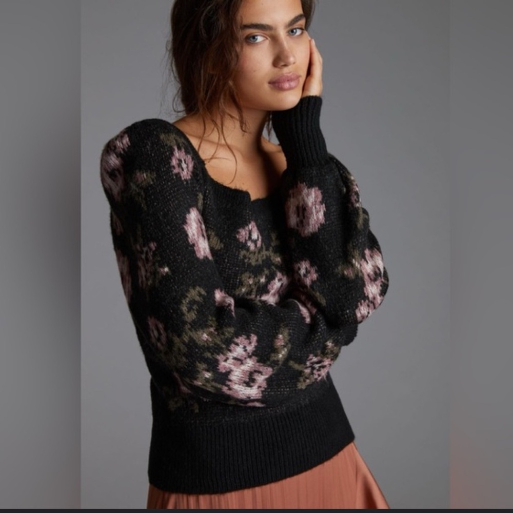 Anthropologie romantic soft pullover Sweater Square Neck Balloon Sleeve size S